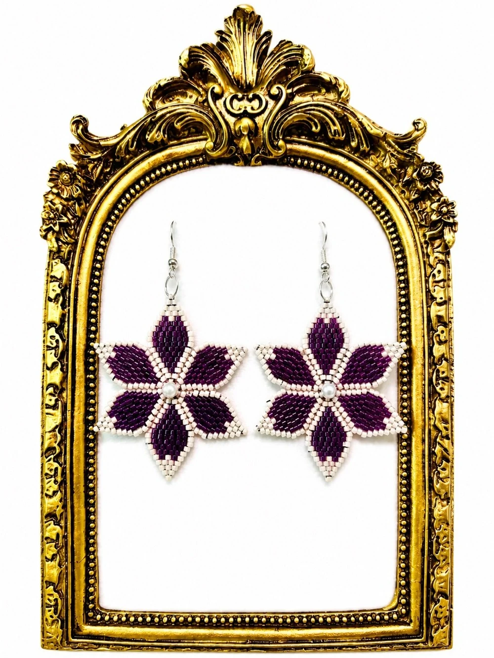 Handcrafted Purple Beaded Flower Earrings